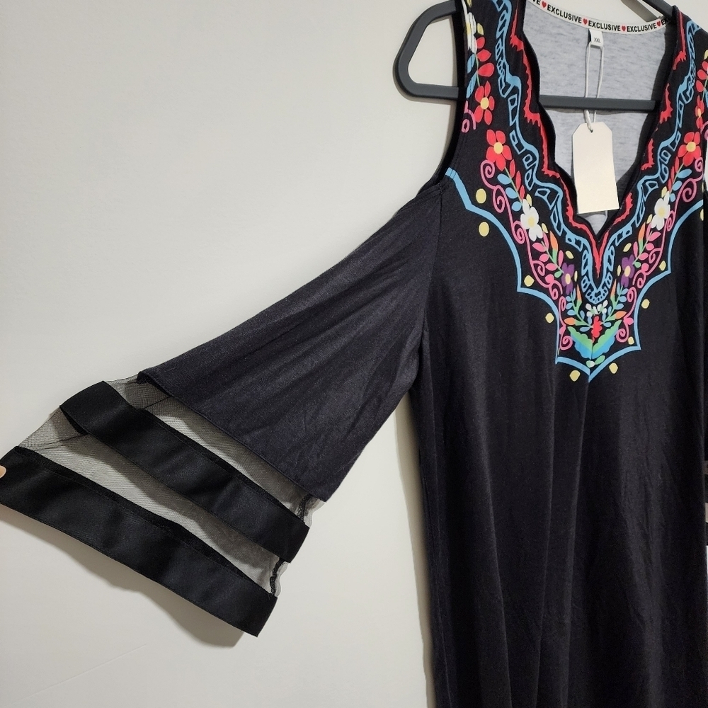 Exclusive Dress Womens Size XXL Black Embroidered Cold Shoulder Boho - Picture 3 of 6